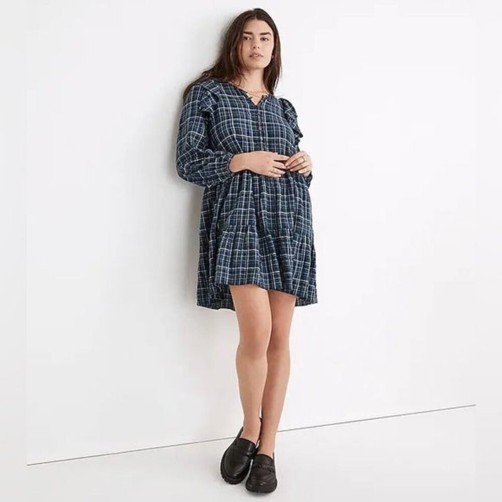 MADEWELL Gauze Ruffle-Trimmed Mini Dress in Deep Indigo Size‎ S